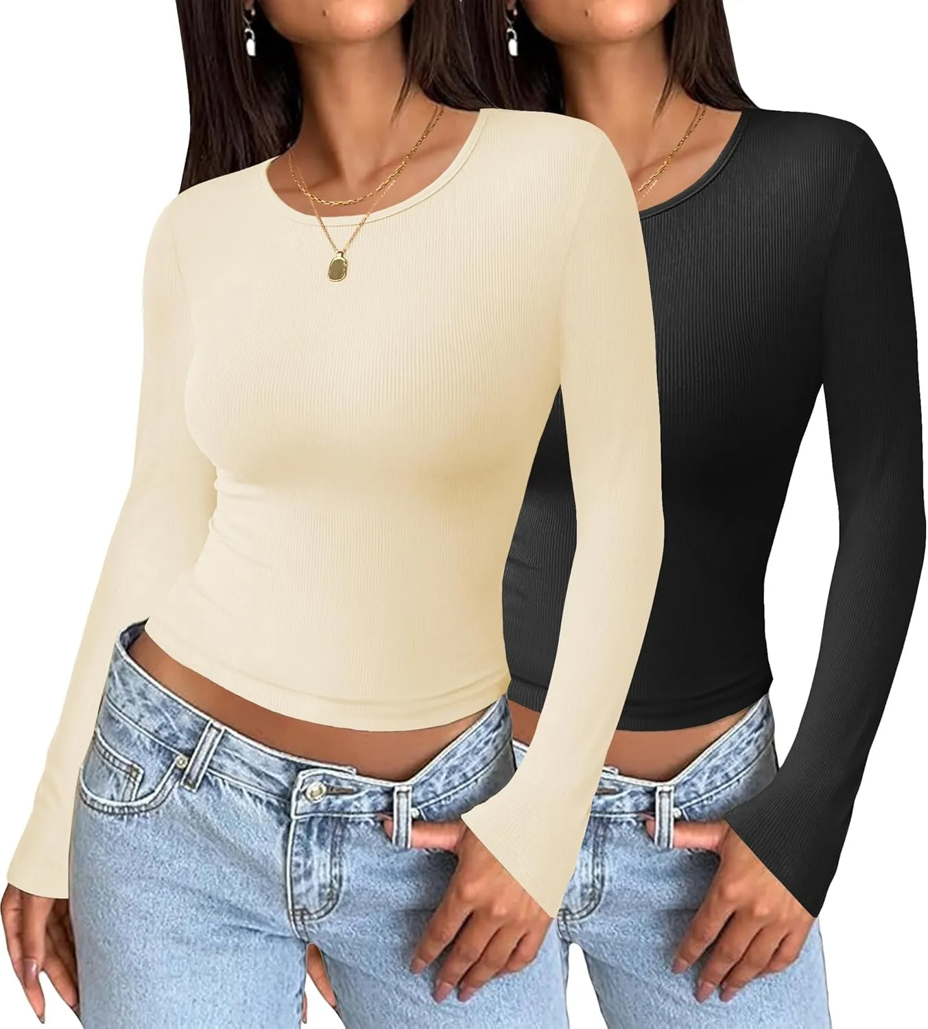 Zeagoo Women Long Sleeve T Shirts Crewneck Basic Casual Slim Fitted Knit Tops 2024 Casual Ribbed Thermal Undershirts Tee