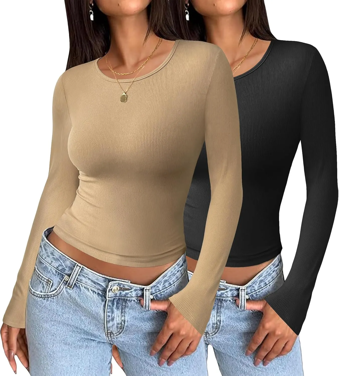 Zeagoo Women Long Sleeve T Shirts Crewneck Basic Casual Slim Fitted Knit Tops 2024 Casual Ribbed Thermal Undershirts Tee