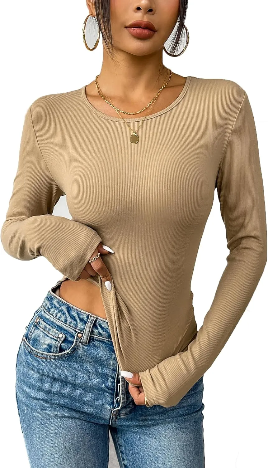 Zeagoo Women Long Sleeve T Shirts Crewneck Basic Casual Slim Fitted Knit Tops 2024 Casual Ribbed Thermal Undershirts Tee