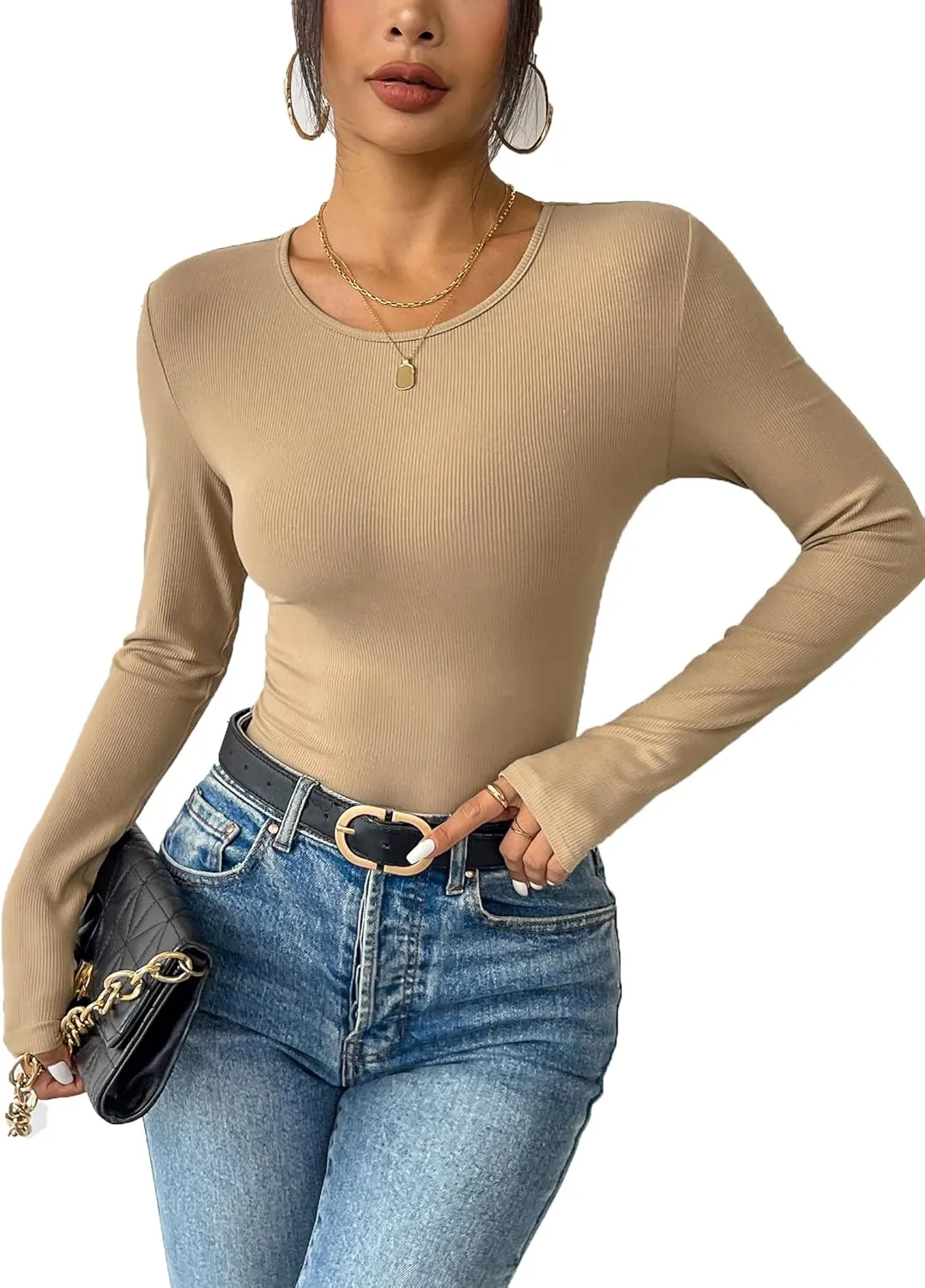 Zeagoo Women Long Sleeve T Shirts Crewneck Basic Casual Slim Fitted Knit Tops 2024 Casual Ribbed Thermal Undershirts Tee