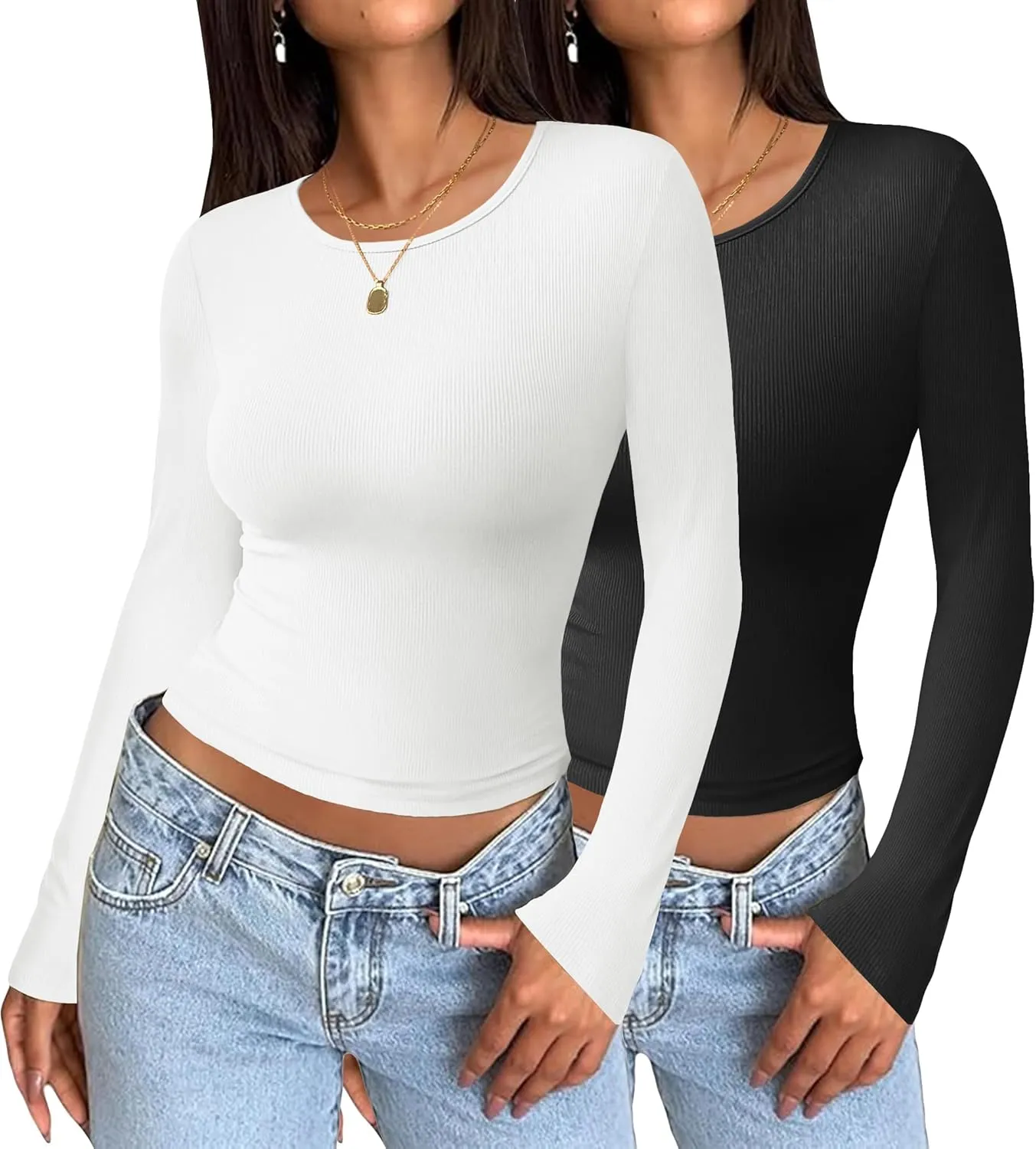 Zeagoo Women Long Sleeve T Shirts Crewneck Basic Casual Slim Fitted Knit Tops 2024 Casual Ribbed Thermal Undershirts Tee