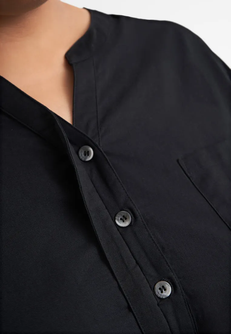 Zeah Linen Stand Collar Top - Black